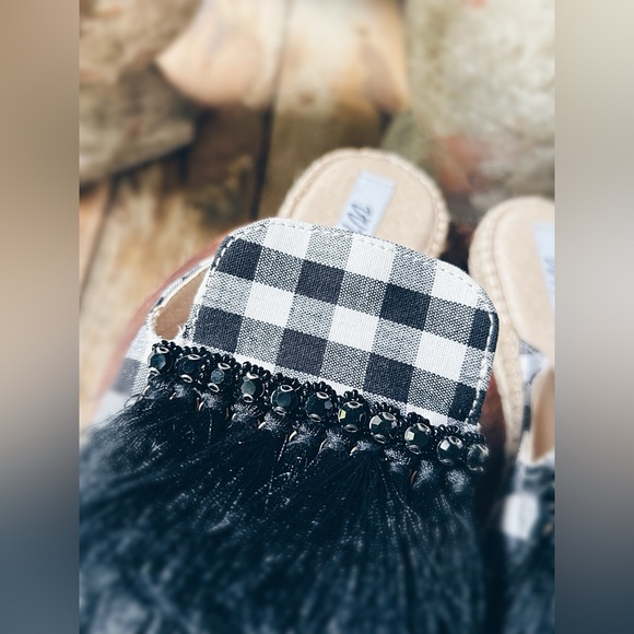 Gingham Mules Jeweled Fringed Espadrille Slides EU 40 NWT VV14 - Picture 8 of 9